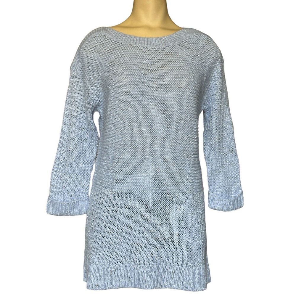 Chicos Knit Sweater Women's Size 1 US Medium Light Blue Metallic‎ 3/4 Sleeve